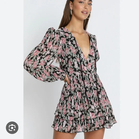 Showpo black floral long sleeve mini dress